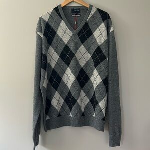 NWT Blue Harbour 100% Pure Extra Fine Lambswool V-Neck Argyle‎ Sweater Sz XXL